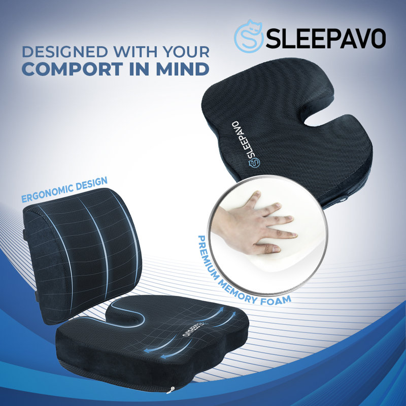 Sleepavo Memory Foam Seat Cushion & Lower Back Pain Relief Padded